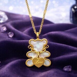 18K Gold Plated Stainless Steel Lustrous Shell Teddy Bear Love Pendant Necklace